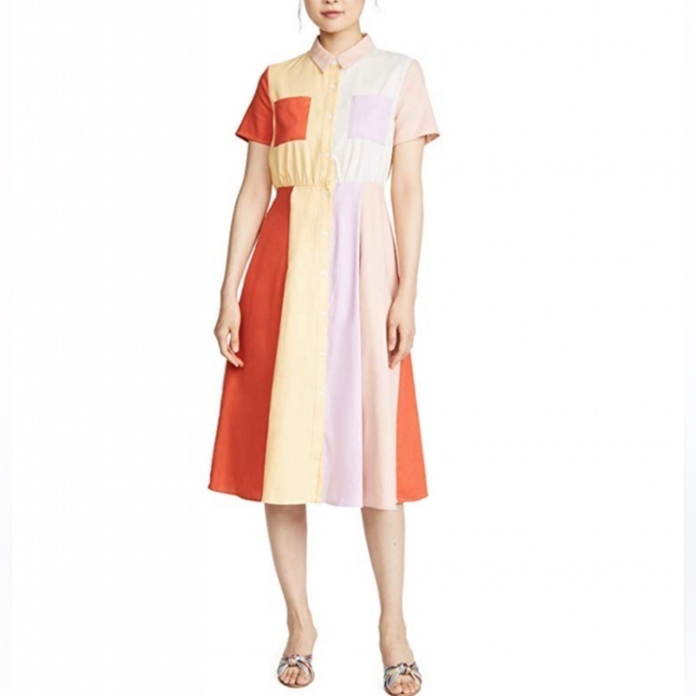 ENGLISH FACTORY COLORBLOCK BUTTON UP LINEN DRESS MIDI SMALL NEW WITH TAGS